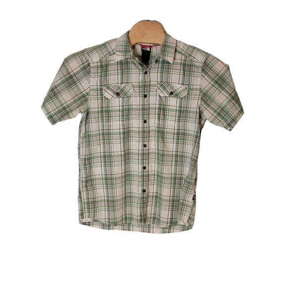 The North Face Button Up Shirt Size Medium Short Sleeve Green White Plaid - Picture 2 of 6